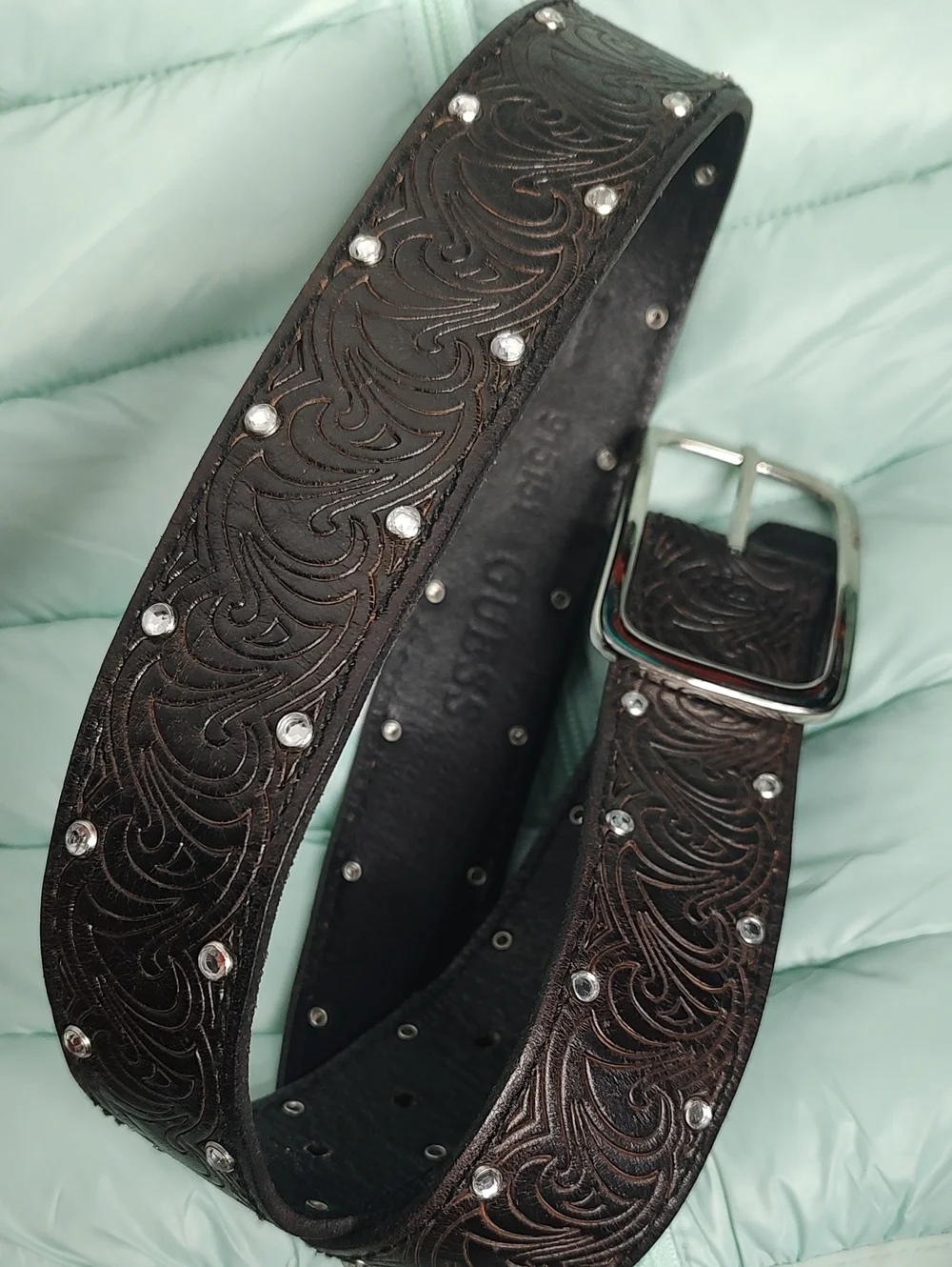GUESS Women’s Western Rhinestone Studded Tooled Leather Belt Brown Size M 915151